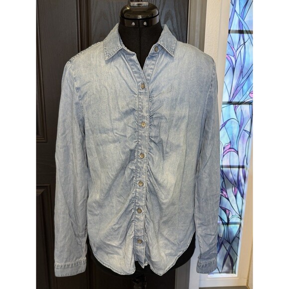 Cloth & Stone Anthropologie Shirred Buttondown Shirt Sz S Blue Boho Chic Chambra - Picture 2 of 6